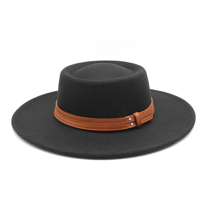 French Double Belt Buckle White Woolen Hat Flat Top Top Hat Female British Retro Style Wide Brim Felt Hat