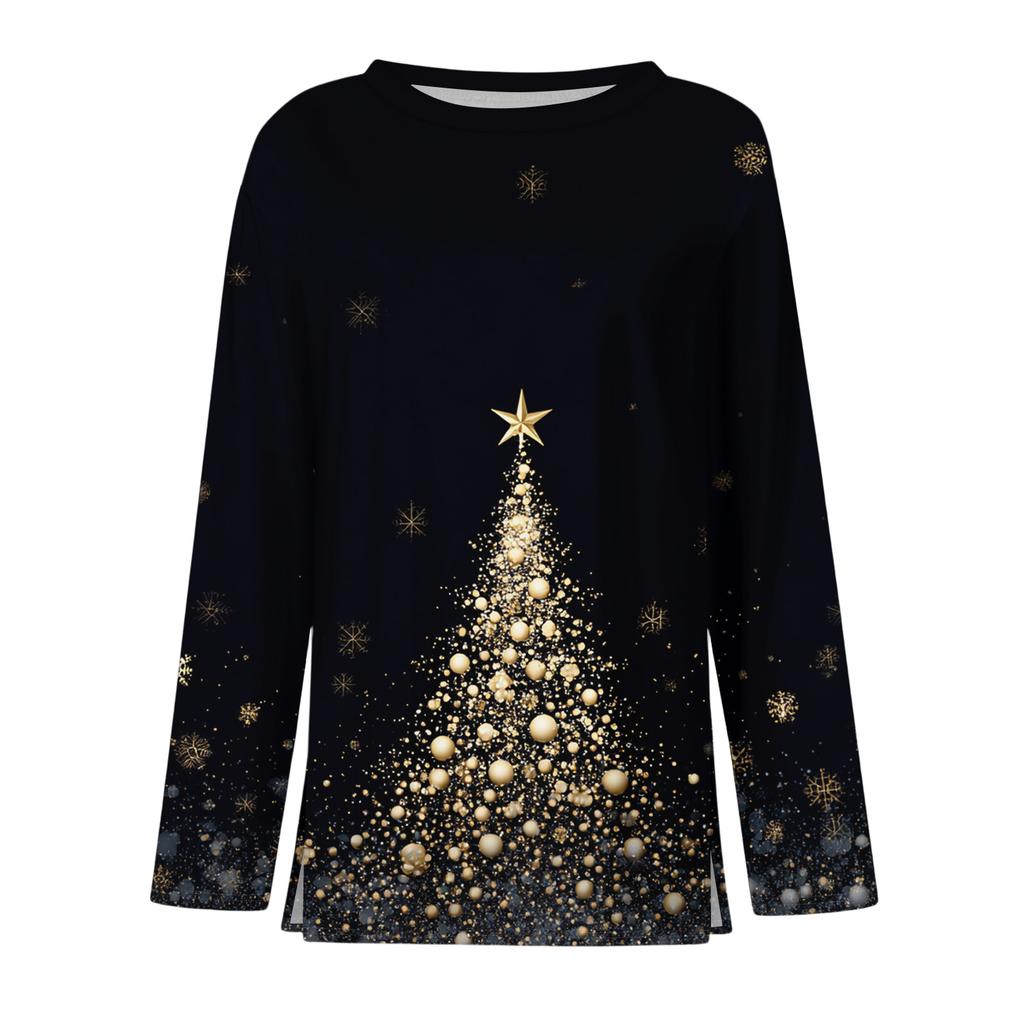 Women's Fashion Casual Slit Hem Round Neck Long Sleeve Loose Printed T-Shirt Ladies Top Christmas