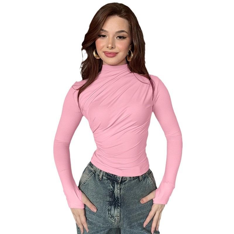 Women's Fall Solid Color Slim-fit Long Sleeve Base Top Sexy Spice Pleated Tight T-shirt