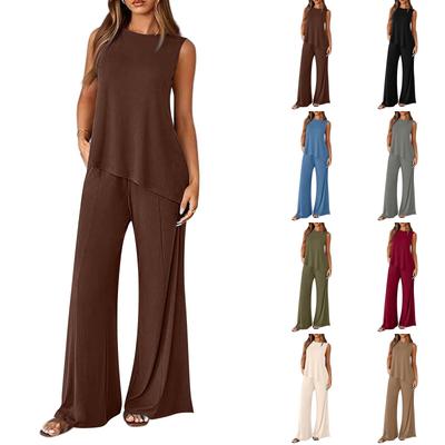 Women's 2-Piece Fashionable Casual Loose Fit Sleeveless Asymmetrical Split Hem Tank Top And Wide Leg Pants Activewear Set