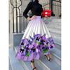 Purple Floral Print Midi Skirt with Green Leaves Black Center Casual Summer Women Skirt High Waist A Line Pleated Flowy Skirt