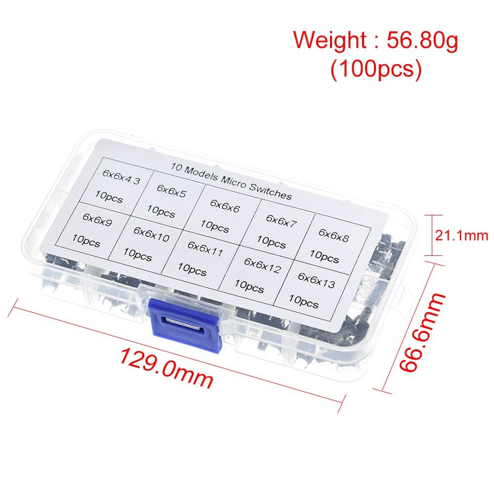 10 kinds 100/200PCS 6*6 Tact Switch Tactile Push Button Switch Kit, Height: 4.3MM~13MM DIP 4P micro switch 6x6 Key switch TZT