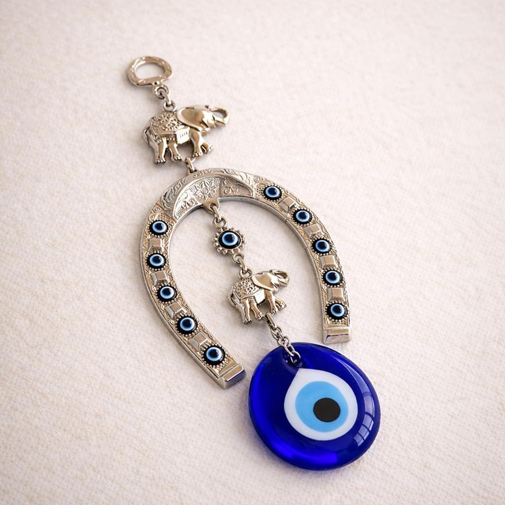 Ornamento Suspenso de Cavalo Turco de Prata Azul Olho Grego com Elefante para Entrada de Casa