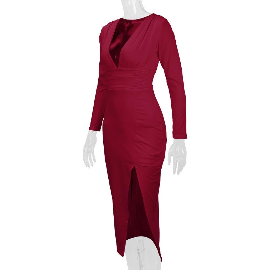 2025 Autumn/Winter Sexy Bodycon Slimming V-Neck Long Sleeve Slit Dress
