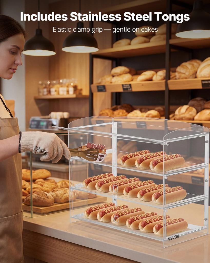 Bakery Display Case, 3-Tier Commercial Countertop Pastry Display Case, Clear Acrylic Bread Box for Kitchen, Party Cake Cabinet with Flip-Up Door for