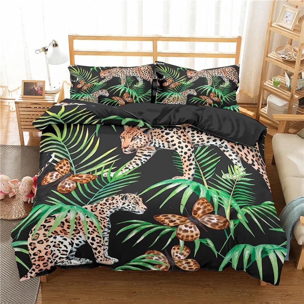 Jungle Animal Duvet Cover King Queen Tropical Plants Palm Leaves Bedding Set Kids Tiger Wildlife 23pcs Polyester Quilt Cover