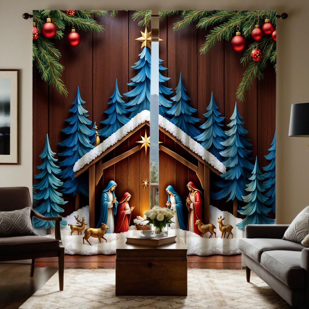 2-piece HD digital blue tie house under the prayer of the home curtain Home decoration style decoration living room bedroom wear