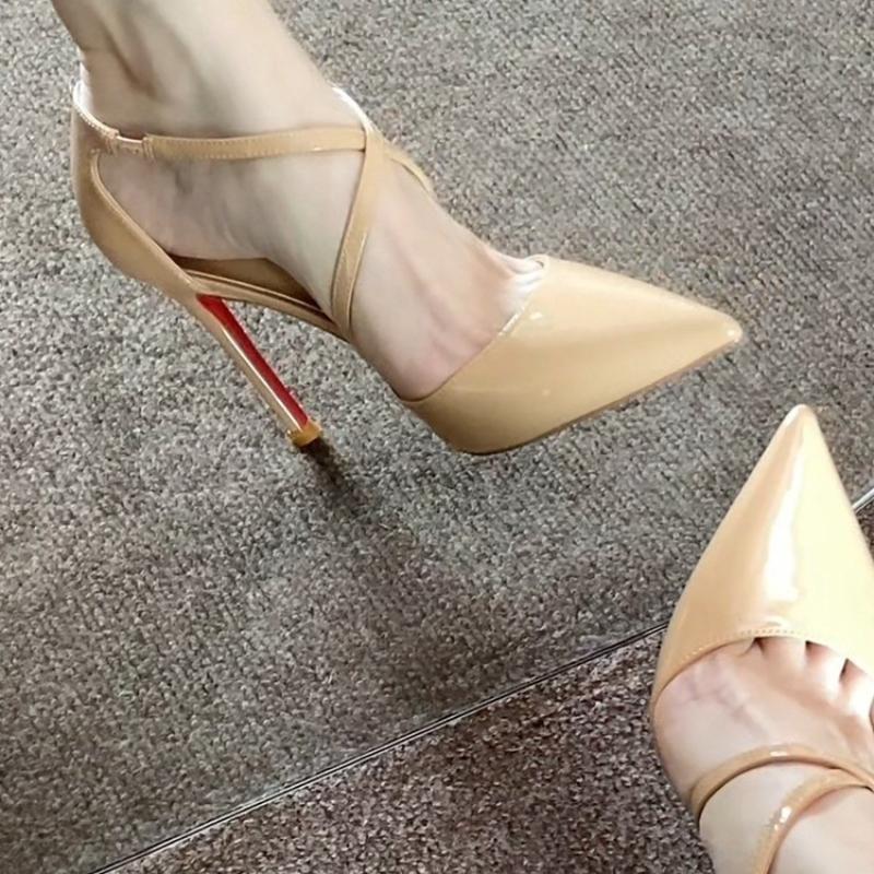Fashion 2025 New Sexy Pointed High Heel Sandals Hollow Out Buckle Strap Red Sole Women Shoes