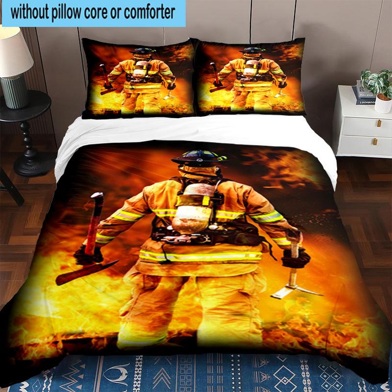 Firefighter Braving Flames 3pcs Bedding,Including 1pc Duvet Cover And 2pcs Pillowcases Perfect for Christmas,Ideal for Bedroom, Dormitory