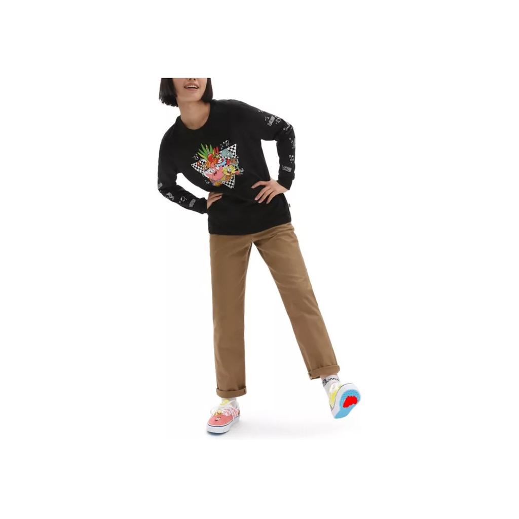 Vans X SpongeBob Schwammkopf Cartoon-Print Rundhals Langarm T-Shirt Damen Tops Schwarz VN0A5I3FYZS