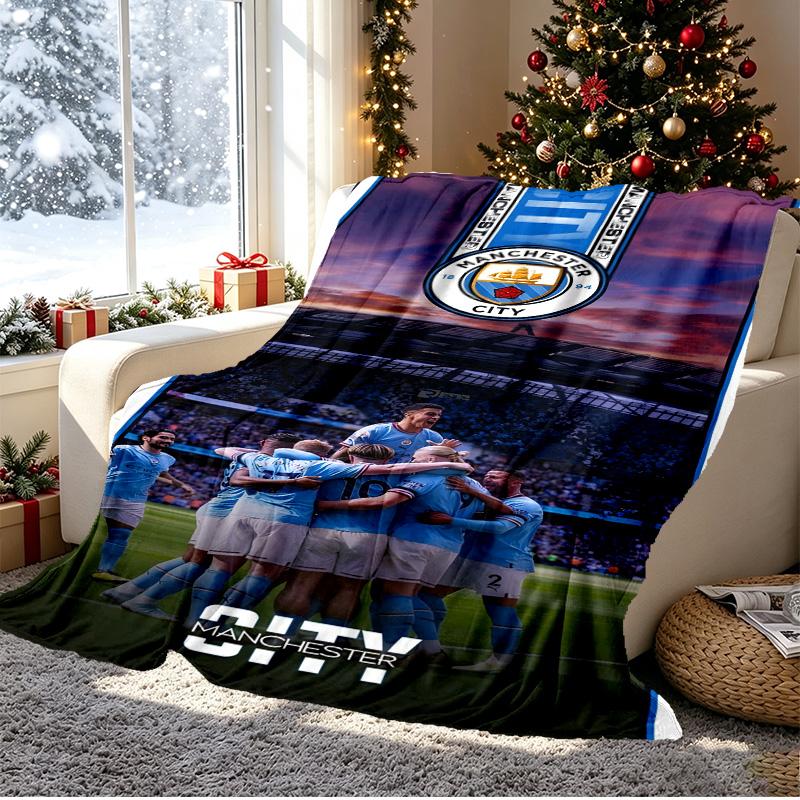 Manchester City FC Pattern Blanket for Home Decoration, Bed, Sofa, Car Travel, Camping, Suitable for All Seasons, Birthday Christmas Gift