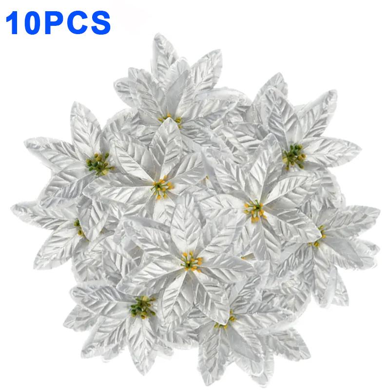 10/1PCS Christmas Poinsettia Flowers Artificial Red Rose Heads Flower Xmas Tree Ornaments For Home Navidad New Year Decoration