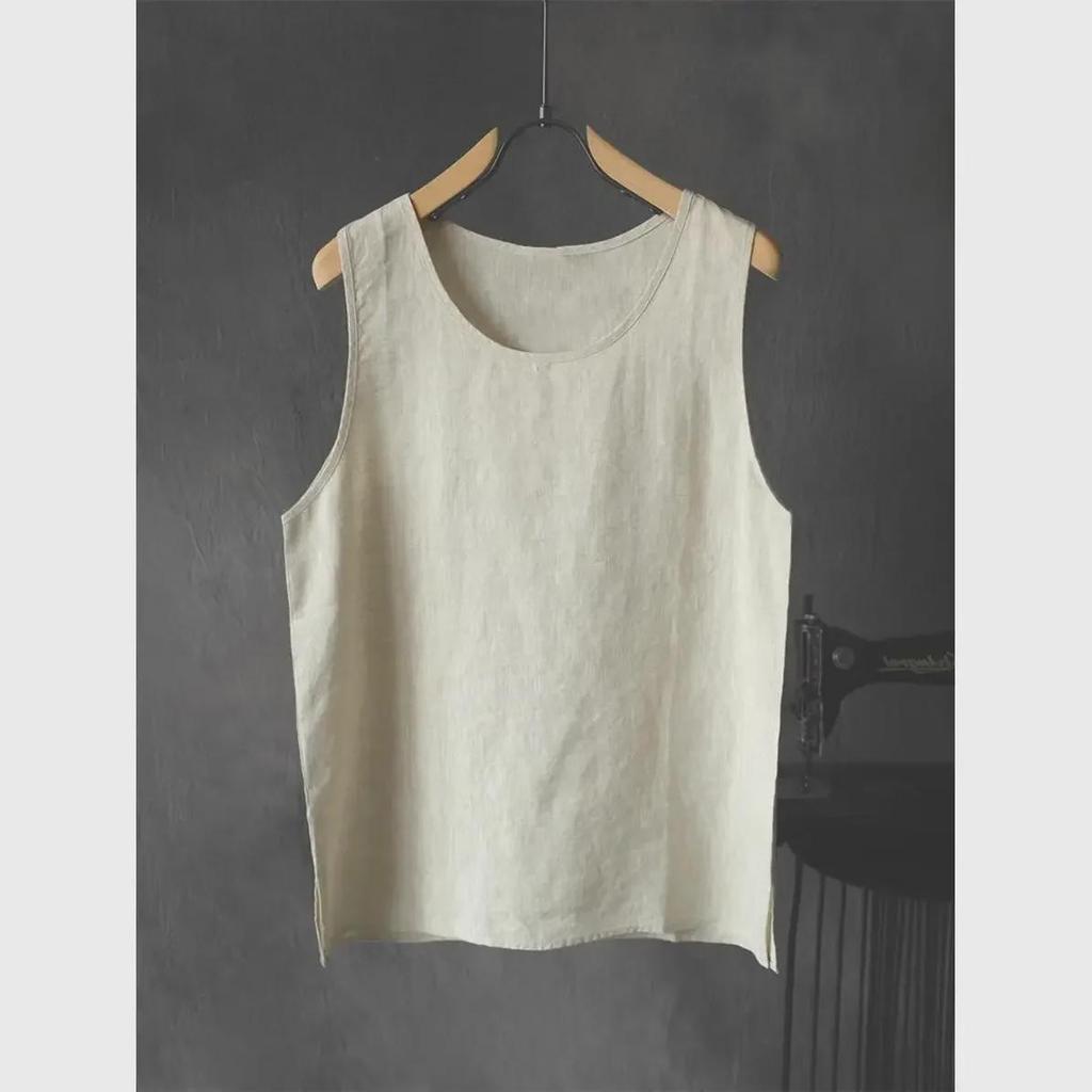 2024 Ärmelloses, lockeres Leinen-T-Shirt für Herren: Jugendliche, trendige, einfarbige, leichte Sommerweste.