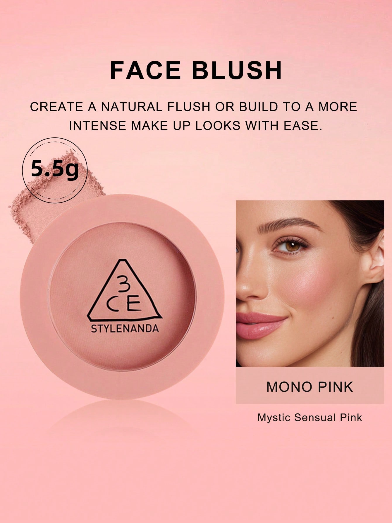 3CE Mood Blush #Nude Pink Soft Natural Cheek Makeup 5.5g # MONO PINK