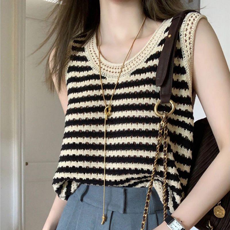 French Style Striped Knit Tank Top for Women - Summer Sleeveless Camisole with Hollow Out Design S (Recommended 40-48 kg)