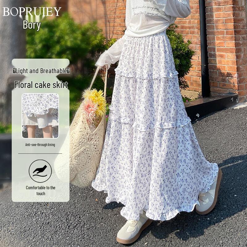 

Boruixi Korean Style Floral A-line Midi Skirt