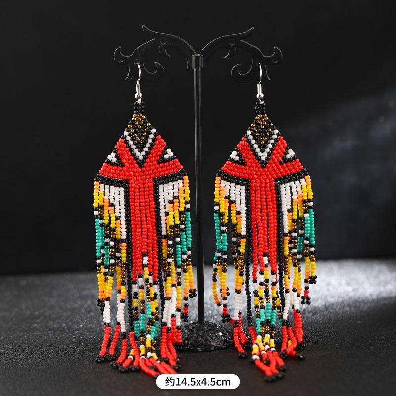 Hand-woven Bohemian Earrings, Long Rice Bead Fringed Earrings, Personality Temperament Women's Earrings.