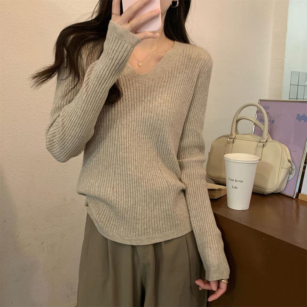 Texture pit collar front shoulder knitted sweater women's autumn and winter fashion bottoming top with long sleeves inside