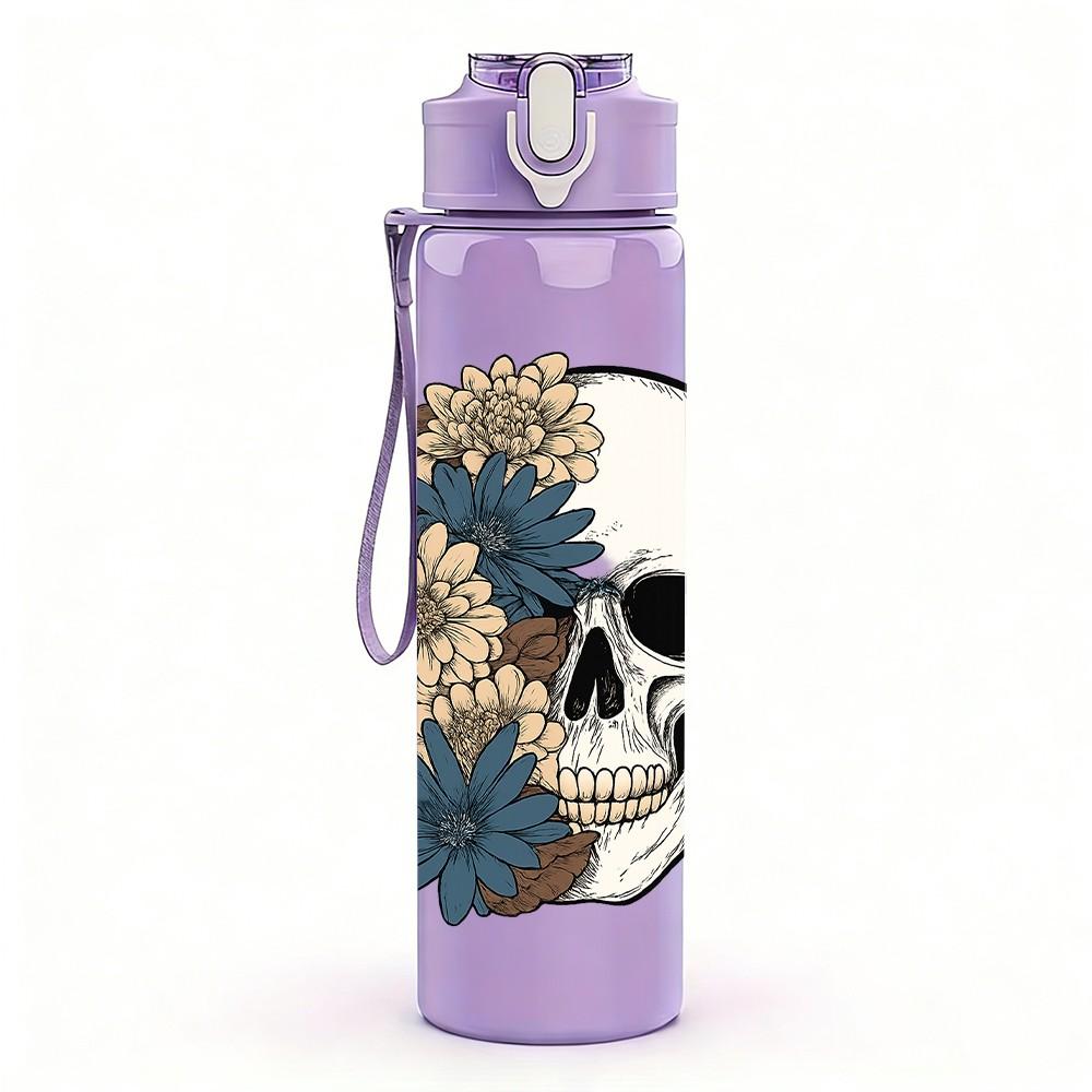 1PC Floral Vintage Skull 750ml Color Plastic Sports Water Bottle Leakproof Flip Straw Lid Suitable for Sports Office Home Use