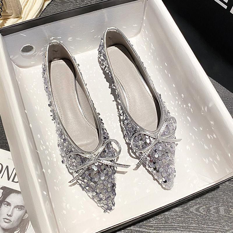 

Fashion Sequins With Bow Slip-on Woman Flats Quick Delivery Young Trend 2025 Casual Chic and Elegant Summer Pointed Toe Shoes for Women 35