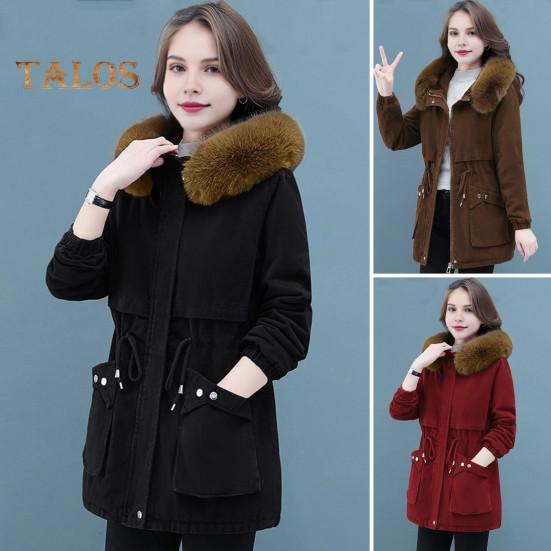 Winter Women Cotton Jacket with Furry Hood with Double Pockets Drawstring Waist Mid Length Zipper Closure Coat Solid Color Windproof Outwear Parka
