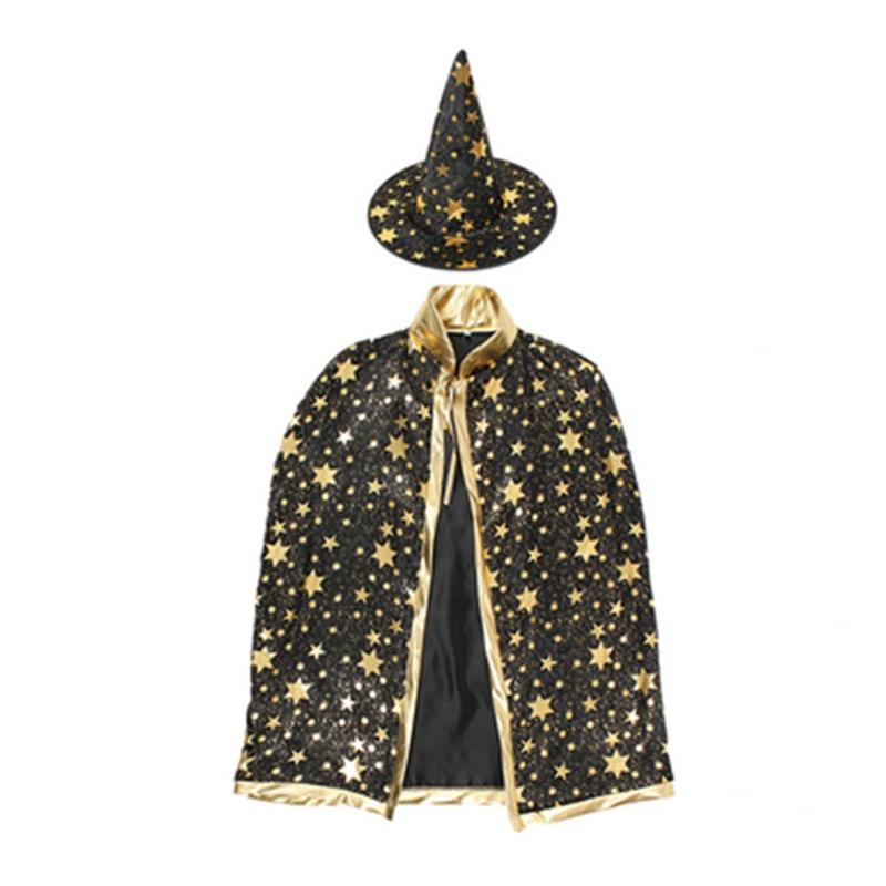 Halloween Cosplay Wizard Cape For Kids With Dazzling Star Pattern And Hat