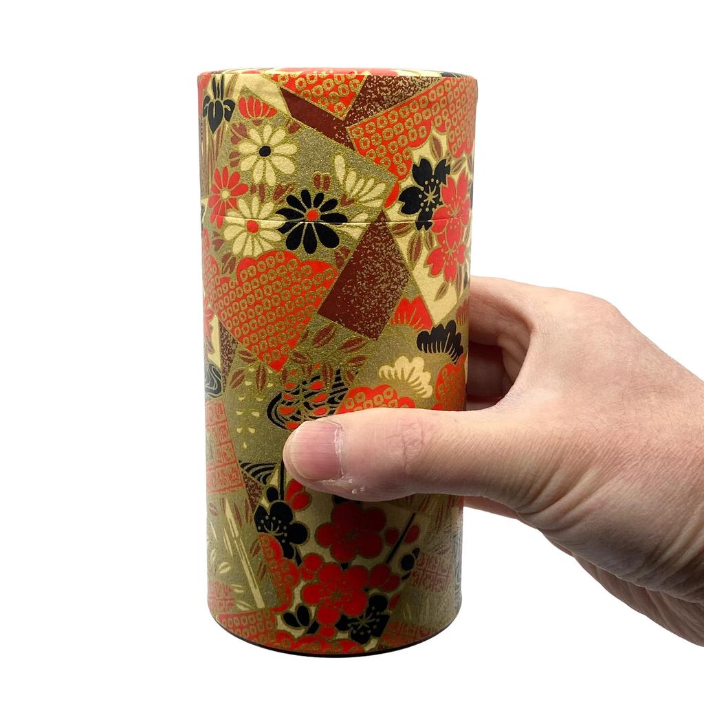 Noguchi Kumataro Tea Garden Tea Caddy, Large Capacity 200g, with Washi Paper and Inner Lid, Golden Twilight Design, Made In Japan