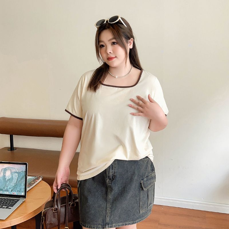 

Discount 20 Yuan] Cool Feeling Ice Porcelain Cotton Contrast Color Binding Square Collar U-Collar 100.00kg Short Sleeve Large Size T-shirt for Women Apricot collar 6XL