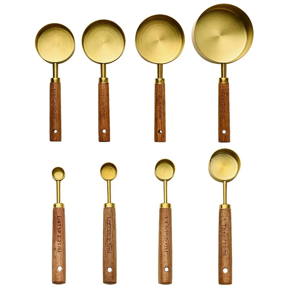 8Pcs Gold Kitchen Baking Tools Bakeware Measuring Tools Scales Set Stainless Steel Measuring Cups and Spoons With Wooden Handle