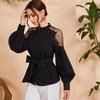 Lace Chiffon Blouse 2024: Sexy Hollow Sleeve, Solid Color Button Tie Women's Top