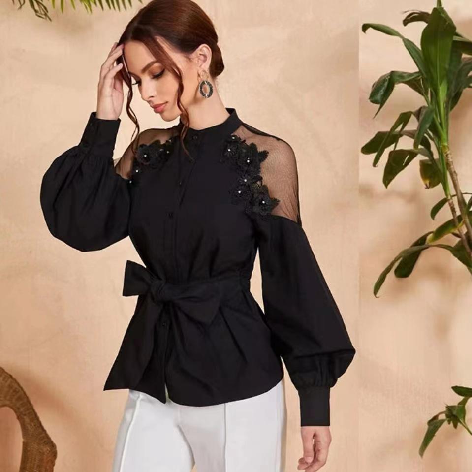 Lace Chiffon Blouse 2024: Sexy Hollow Sleeve, Solid Color Button Tie Women's Top
