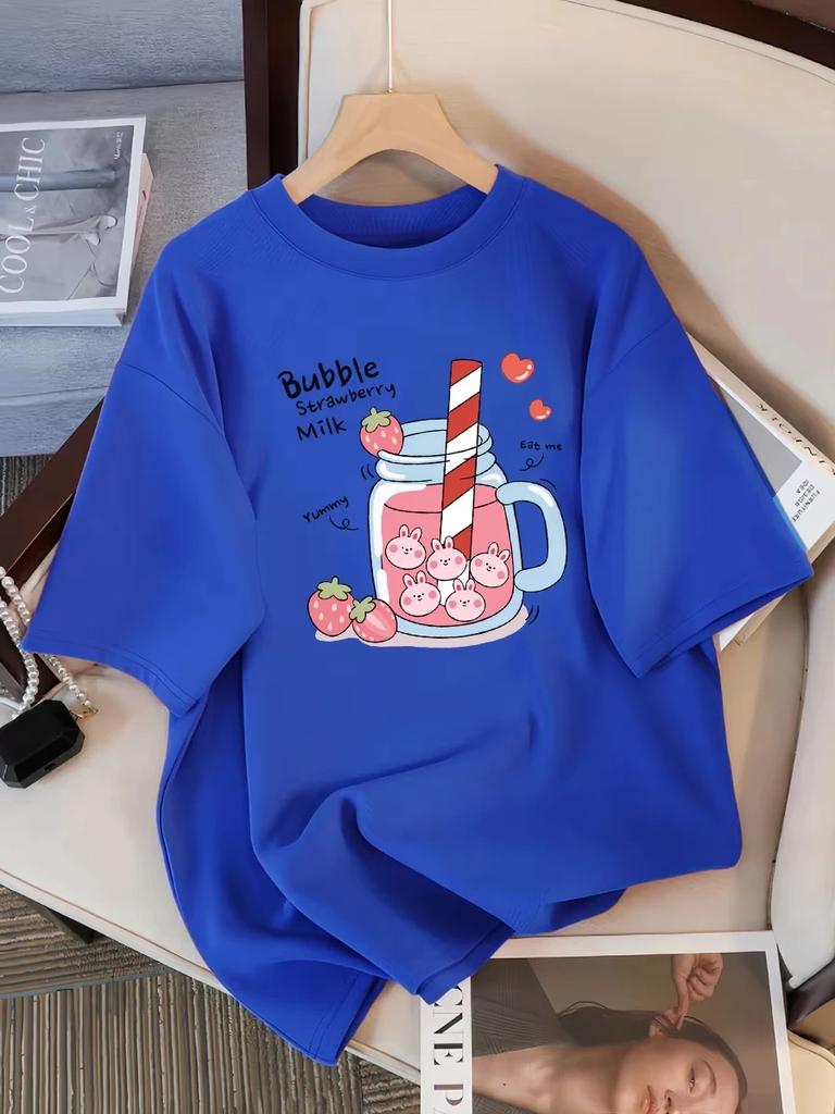 2025 Delicious Strawberry Beverage Print Women T Shirt Summer Breathable Tee Cotton Street Clothing Casual Sport Cool Short