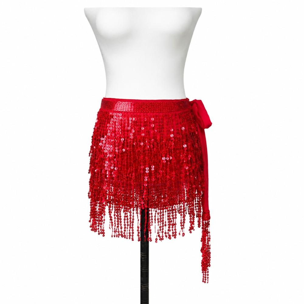 Adjustable Tie Waist Belly Dance Hip Scarf Three Layer Glitter Skirt  for Festival/Vacation