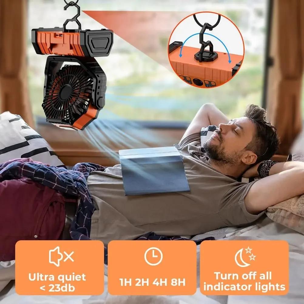 20000mAh Wiederaufladbarer Campinglüfter mit LED-Licht & Fernbedienung, 4 Geschwindigkeiten, Timer, Tragbarer Zeltlüfter, Kopfschüttelnder Haken, Design für den Außenbereich