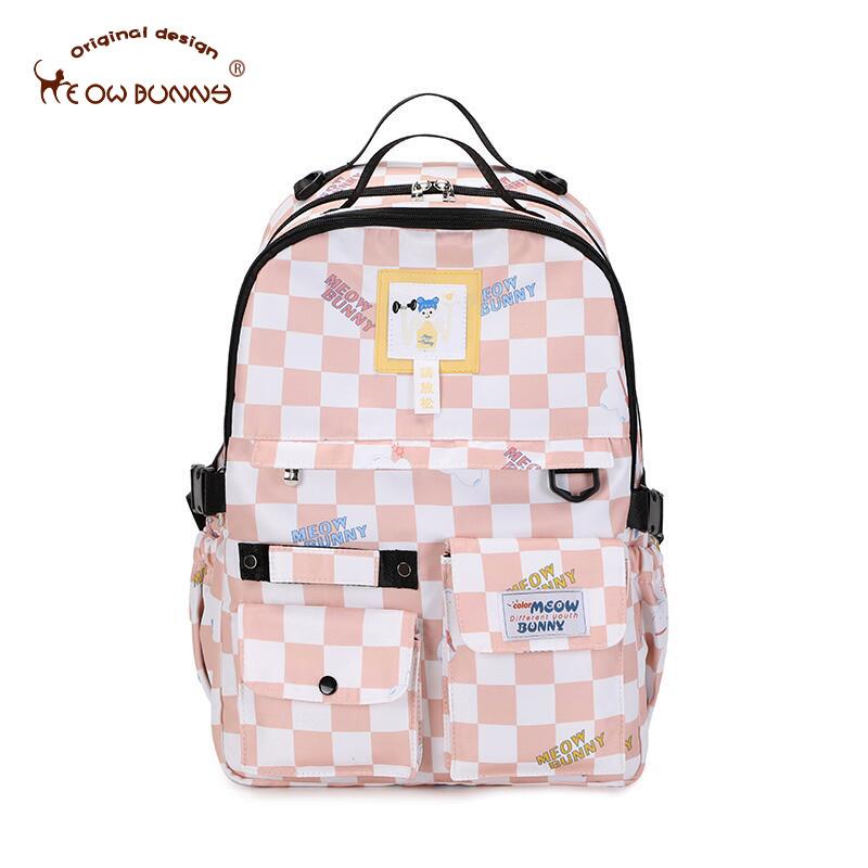 

MeowBunny Школьная сумка в шахматном порядке, женский студенческий рюкзак, оригинальный нишевый дизайн, японский рюкзак