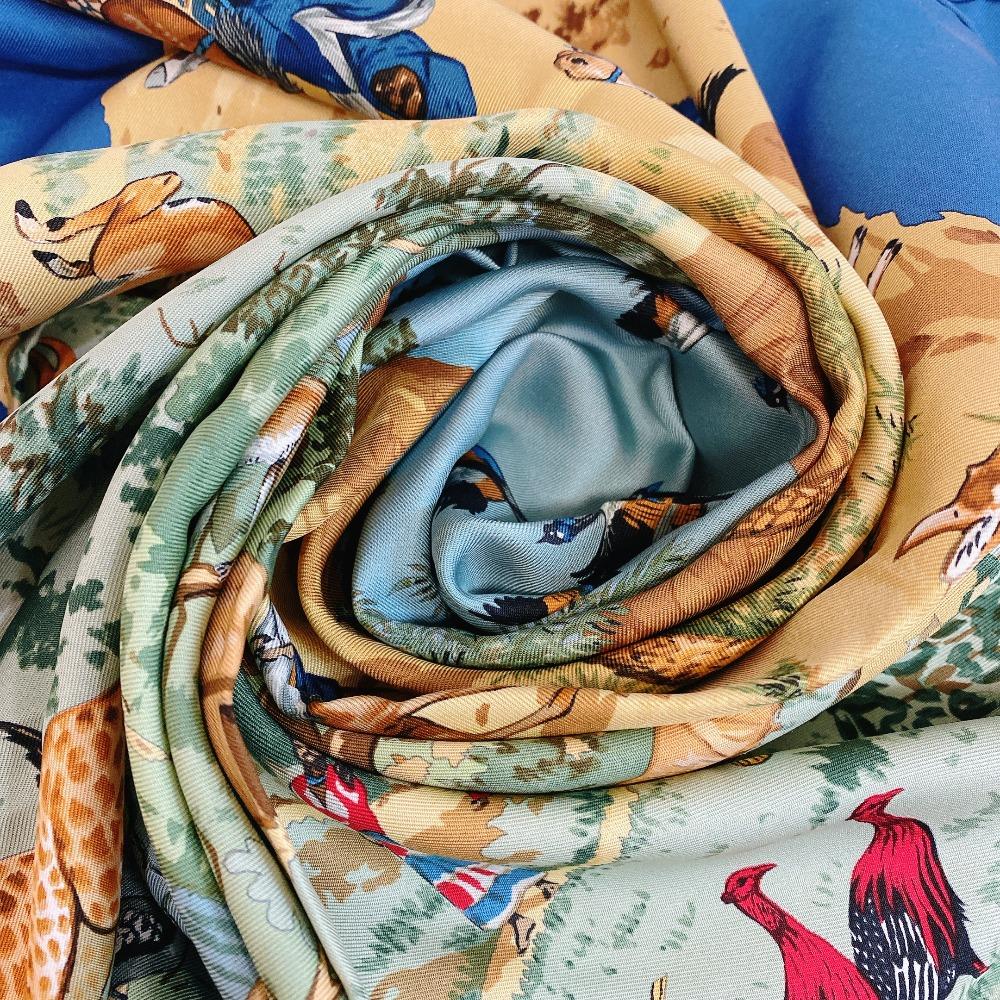 HERMES African Animal Pattern silk Calle 90 scarf blue silk Used