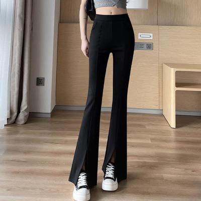 High-Waist Black Flared Pants for Women - Spring/Fall Slimming, Plus Size, Lightweight Front Slit Design