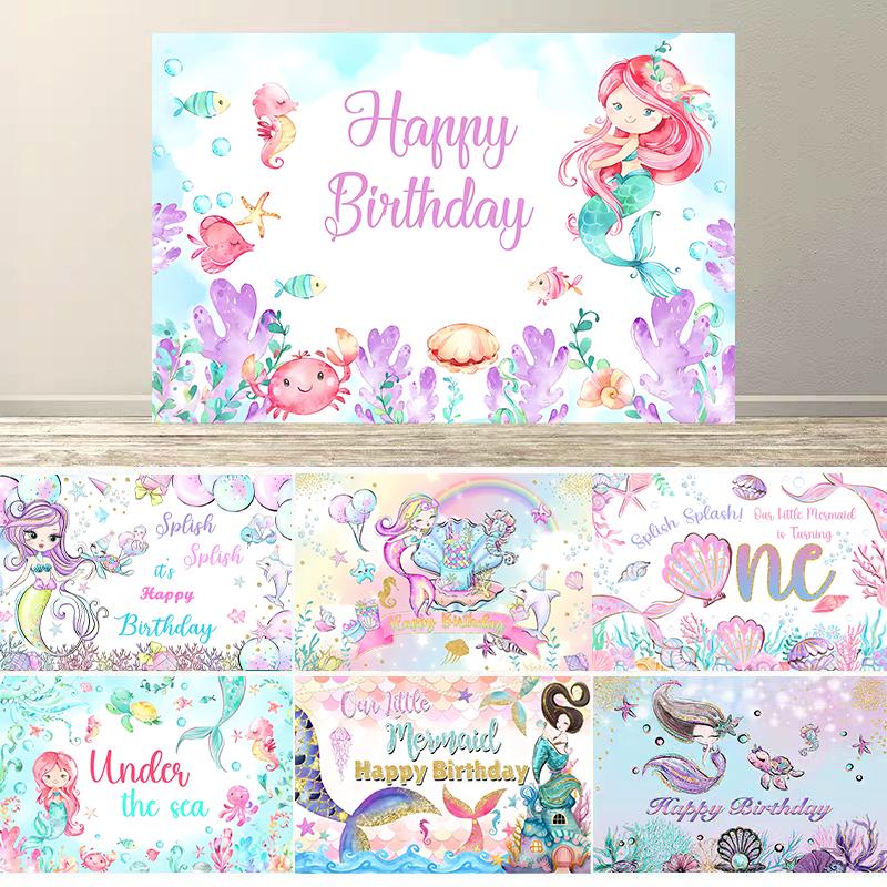Mermaid Birthday Backdrop Under The Sea Birthday Party Decoration for Girl Purple Glitter  Mermaid Tails Photography Background