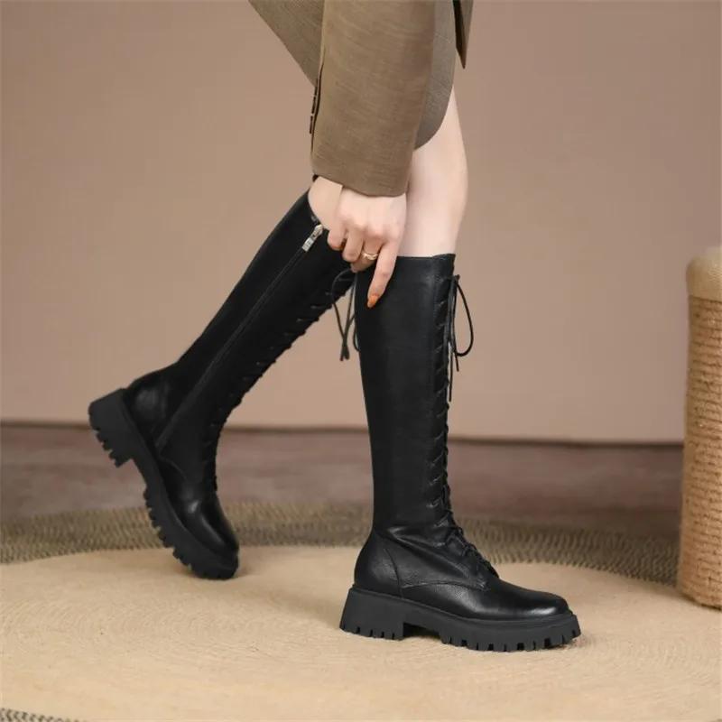 Fashion New Winter Knee-High Boots Split Leather Women Boots Chunky Heel Platform Shoes for Women Lace Women Shoes Knight Boots Woman