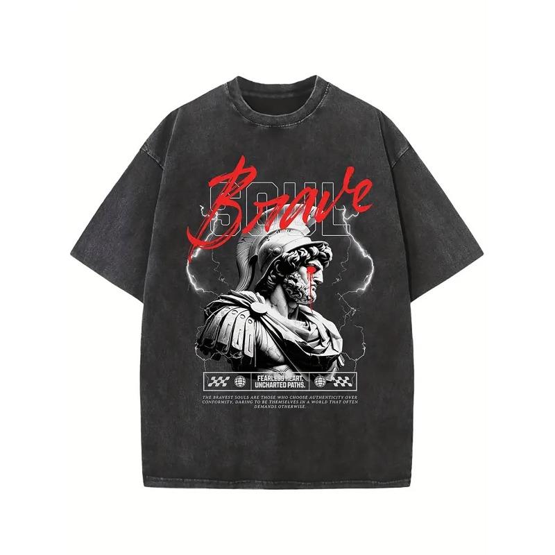 

European sizes Men S Vintage Washed T-Shirt - Spartan Helmet & Brave Lettering Print, Retro Streetwear Casual Shirt for Daily Wear S чёрный