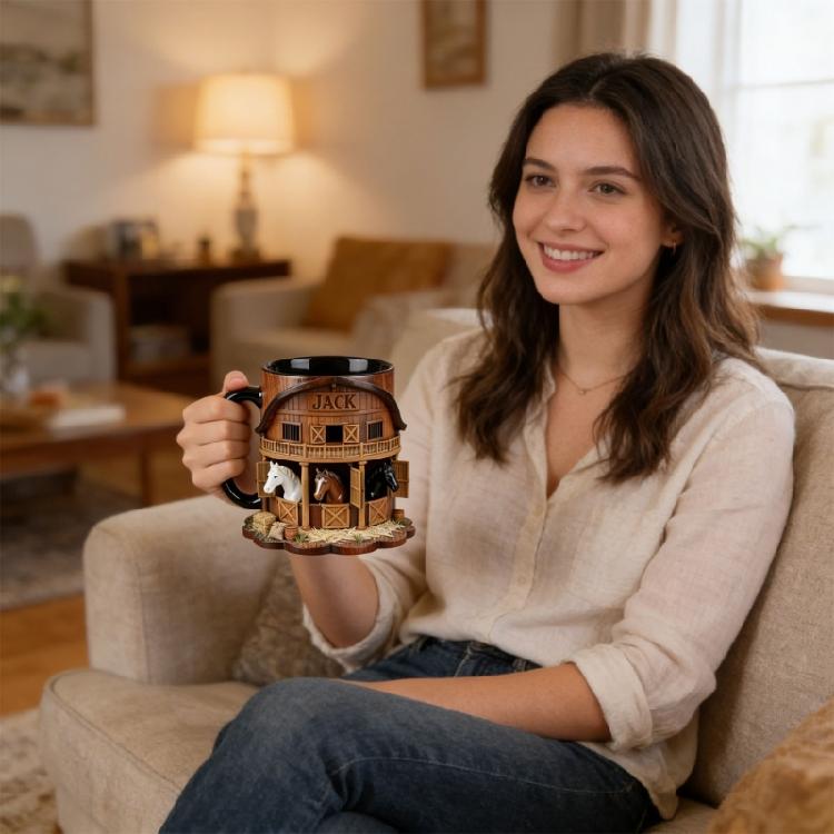 Artistic Equestrian Theme Drinking Cup Ceramic Coffee Mug With Flat 2D Print Horse Stable Pattern For Daily Use