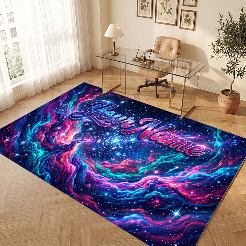 Space Cosmic Theme Crystal Velvet Floor Rug Personalized Custom Name Text Warm Carpet Home Decoration