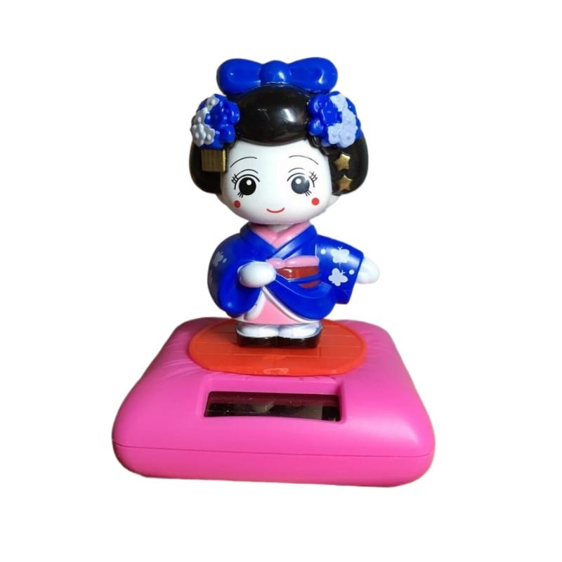 New Solar Powered Japanese-Style Doll Car Ornament Kimono Girl Shaking Head Nod Head Cartoon Doll Dashboard Cute Car Accessories