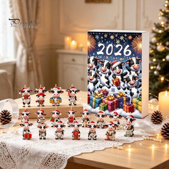 Decorative Ornaments for Backpacks Keys Christmas Cow Ornament Advent Calendar 2026, 24 Days 2D Acrylic Hanging Pendant Creative Holiday Gift