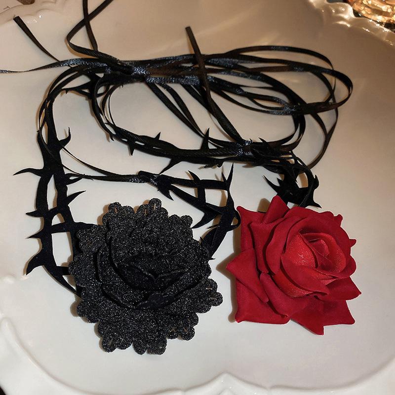 Gothic Thorny Red Rose Choker Necklace Retro Flower Adjustable Rope Collar Necklace For Halloween Cosplay Party Accessories
