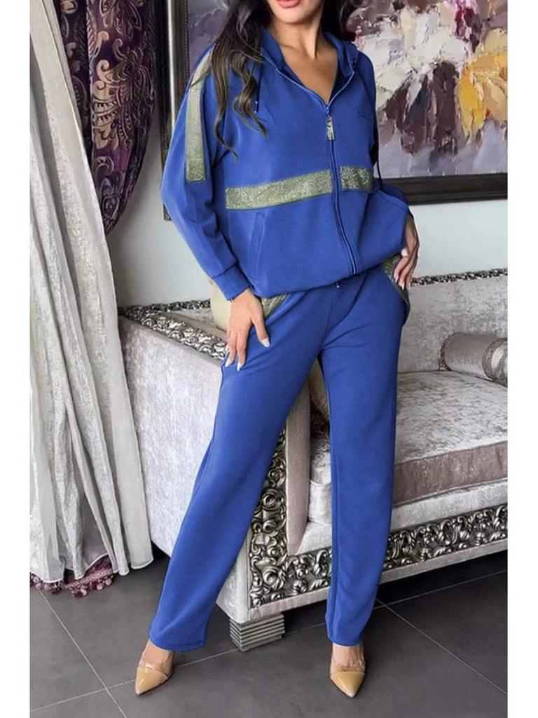 2024 Euro-American Solid Color Zip-Up Sweatshirt & Drawstring Pants Set - Women's Casual Two-Piece