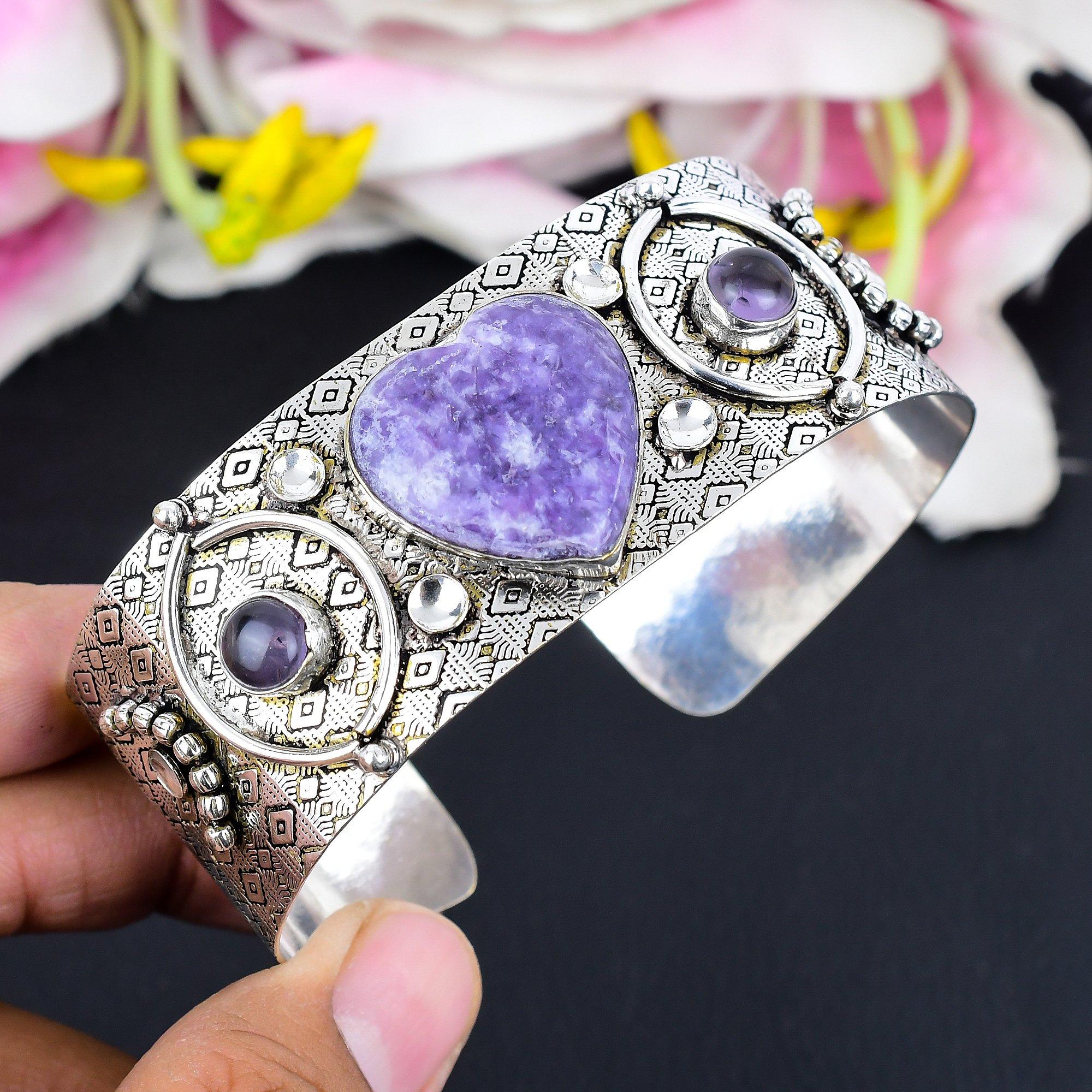 

Lepidolite, Amethyst Gemstone 925 Sterling Silver Cuff Bangle Adjustable KG-1872