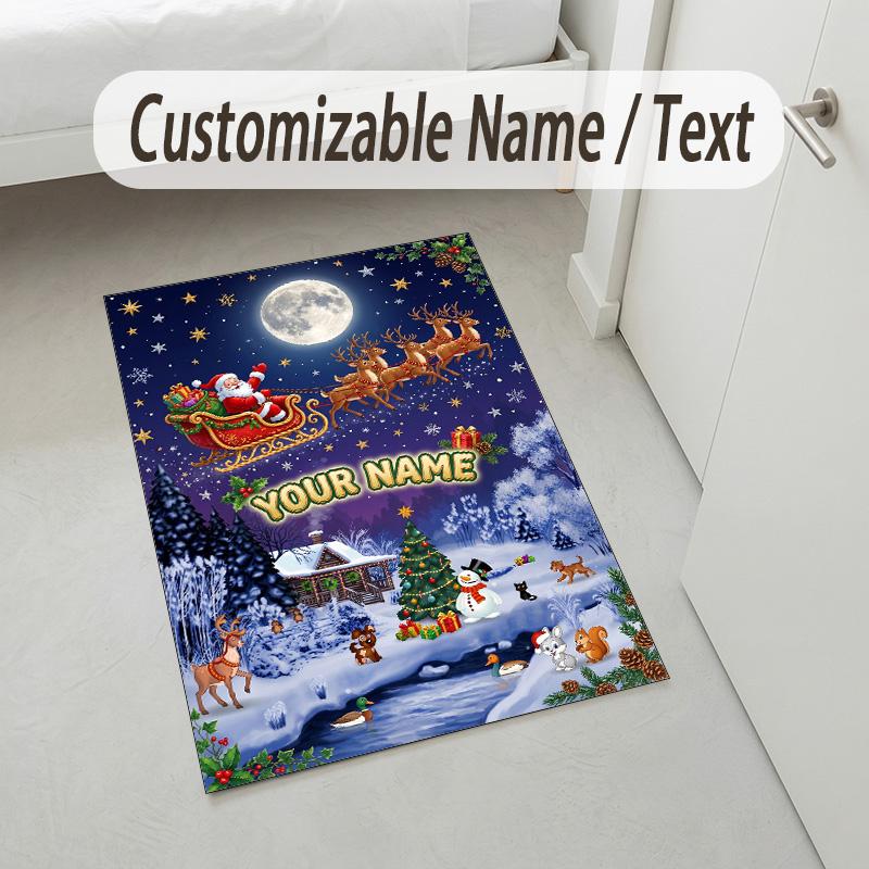 Christmas Theme Crystal Velvet Rug Personalized Custom Name Text Soft Floor Mat Home Decor