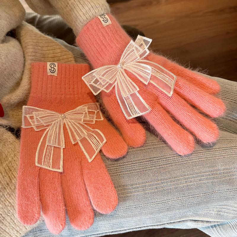 24-Year-old lace bow knitted gloves women's finger cold-proof dew finger gloves tide Korean