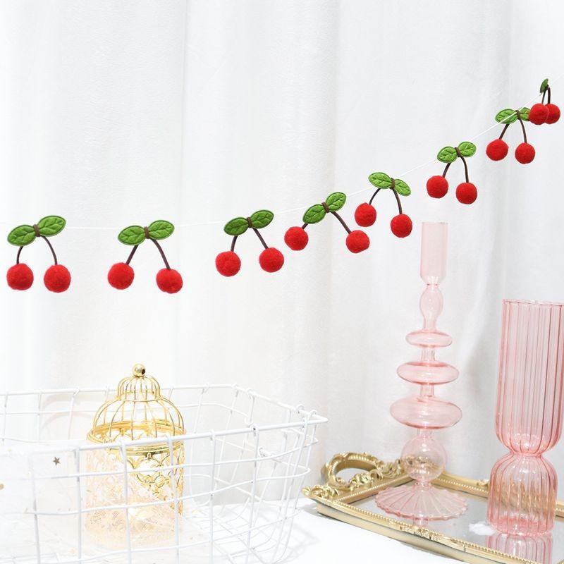 12pcs/Set Cute Cherry Felt Plush Ball Pull Flag - Festive String Hanging Decoration Birthday Party New Year Home Celebration